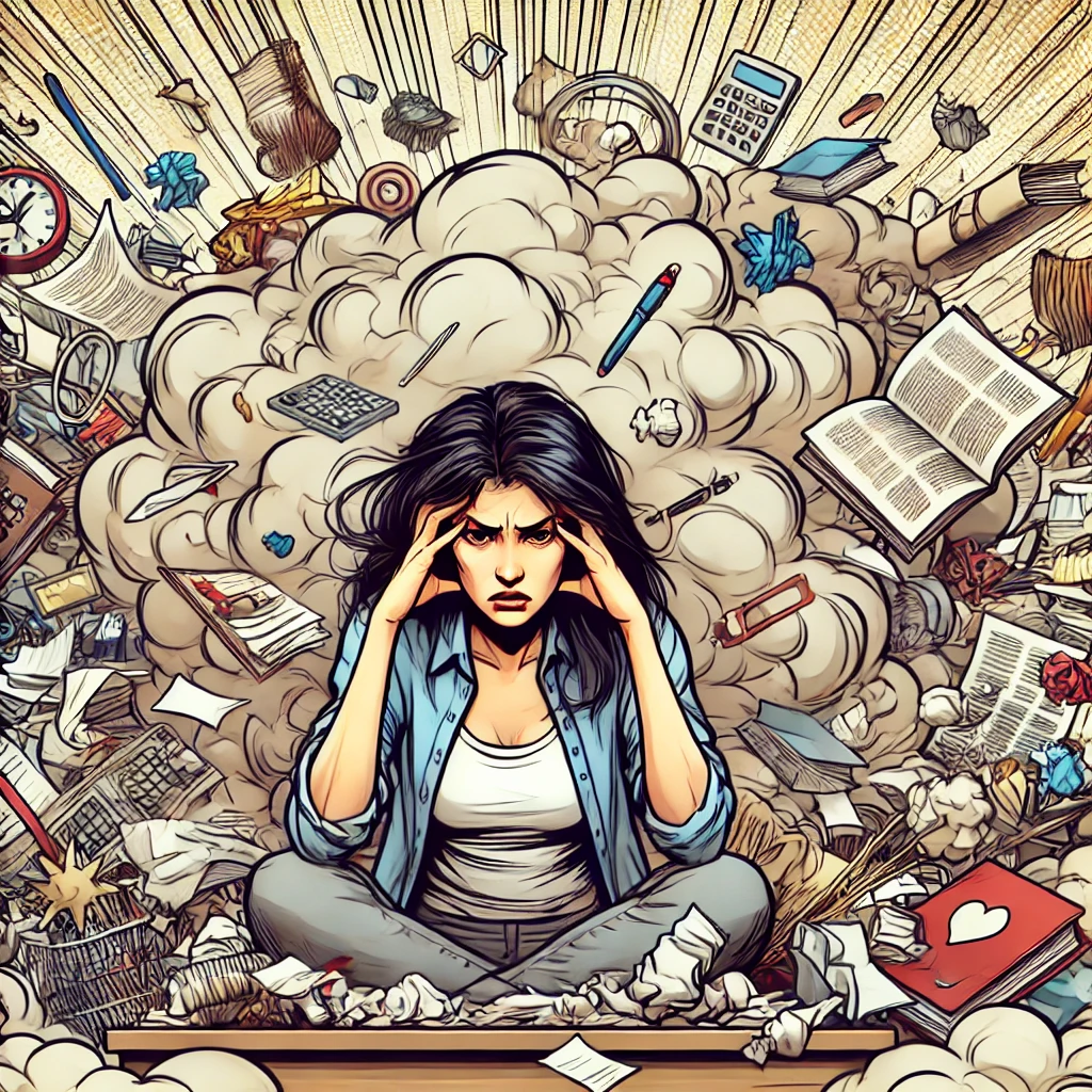 A woman sitting surrounded by a chaotic cloud of clutter, including scattered papers, books, and objects. She appears overwhelmed, with disheveled hair and a stressed expression, holding her head as if struggling with the mess
